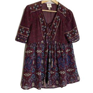 Knox Rose Purple Floral Boho Tasseled Peasant Top